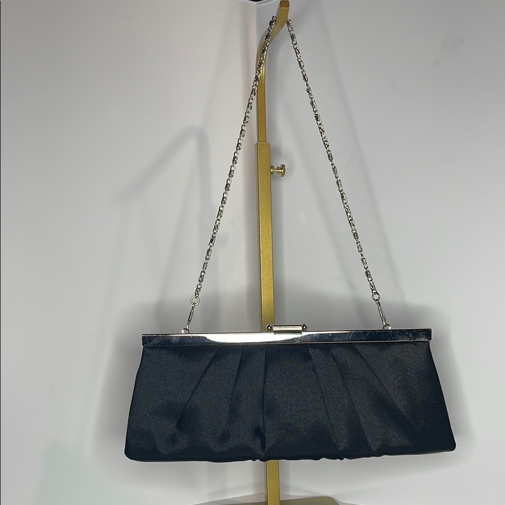 Jessica McClintock Black Clutch with Metal Frame and Chain Strap 4”X10.5” EUC